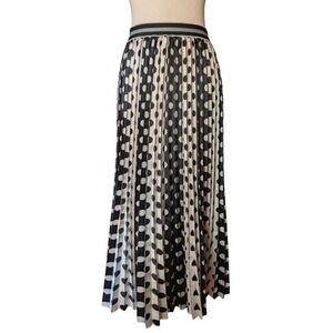 LE SUPERBE Polka Dot Pleated Midi Skirt Black White Elastic Waist Size Small